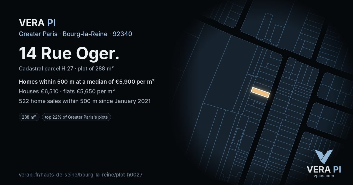 14 Rue Oger, Bourg-la-Reine at night – the plot lit, the parcels around coloured by the prices near them