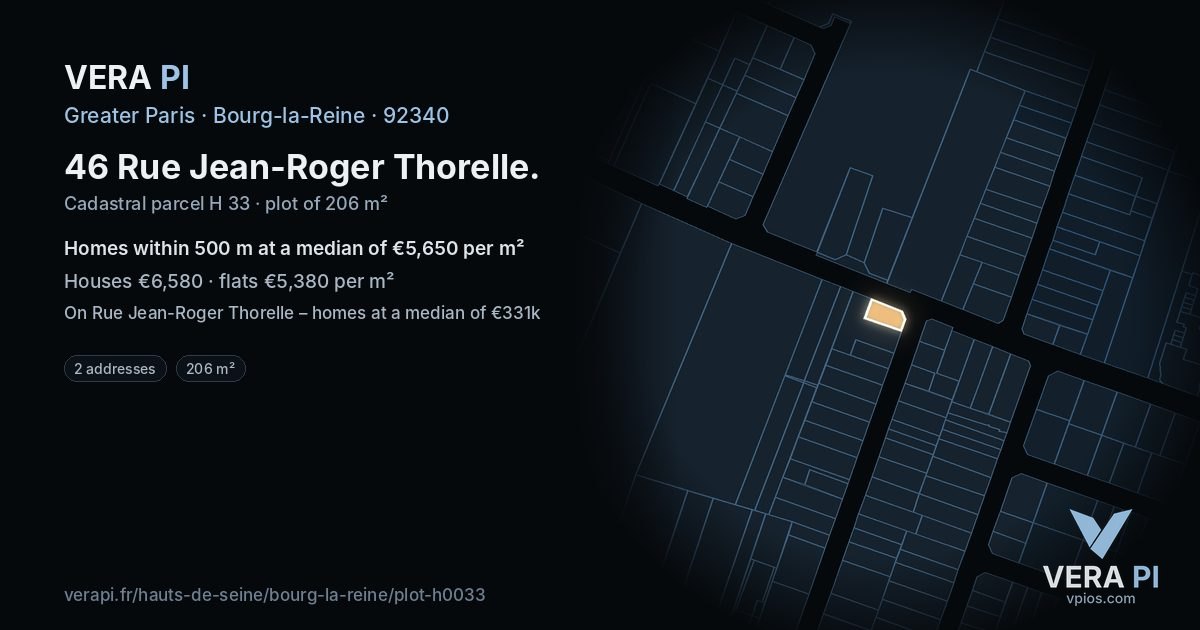 46 Rue Jean-Roger Thorelle, Bourg-la-Reine at night – the plot lit, the parcels around coloured by the prices near them