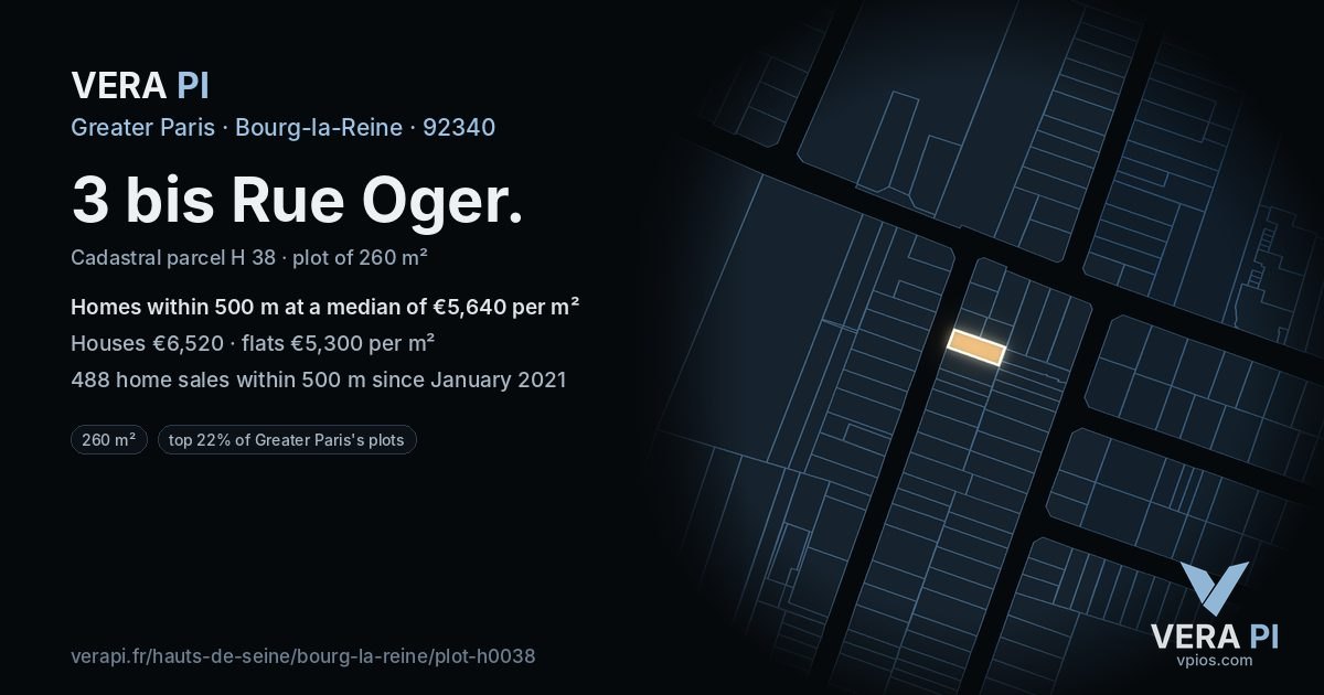 3 bis Rue Oger, Bourg-la-Reine at night – the plot lit, the parcels around coloured by the prices near them