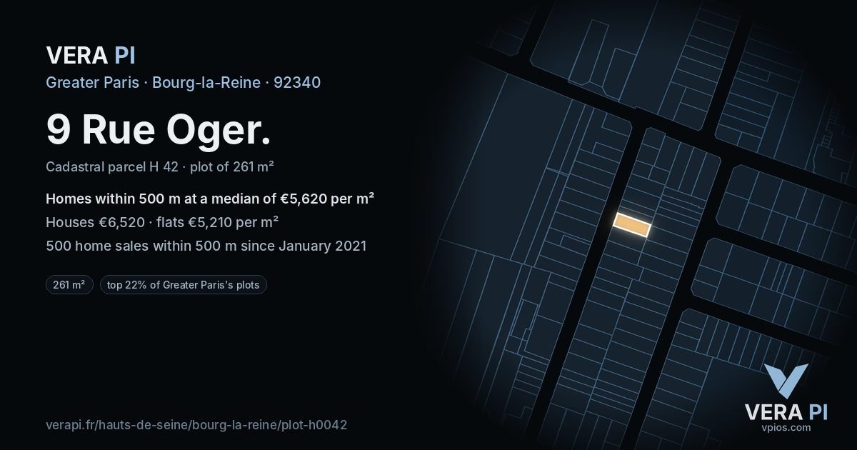 9 Rue Oger, Bourg-la-Reine at night – the plot lit, the parcels around coloured by the prices near them