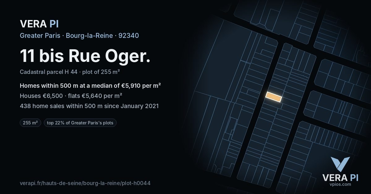 11 bis Rue Oger, Bourg-la-Reine at night – the plot lit, the parcels around coloured by the prices near them