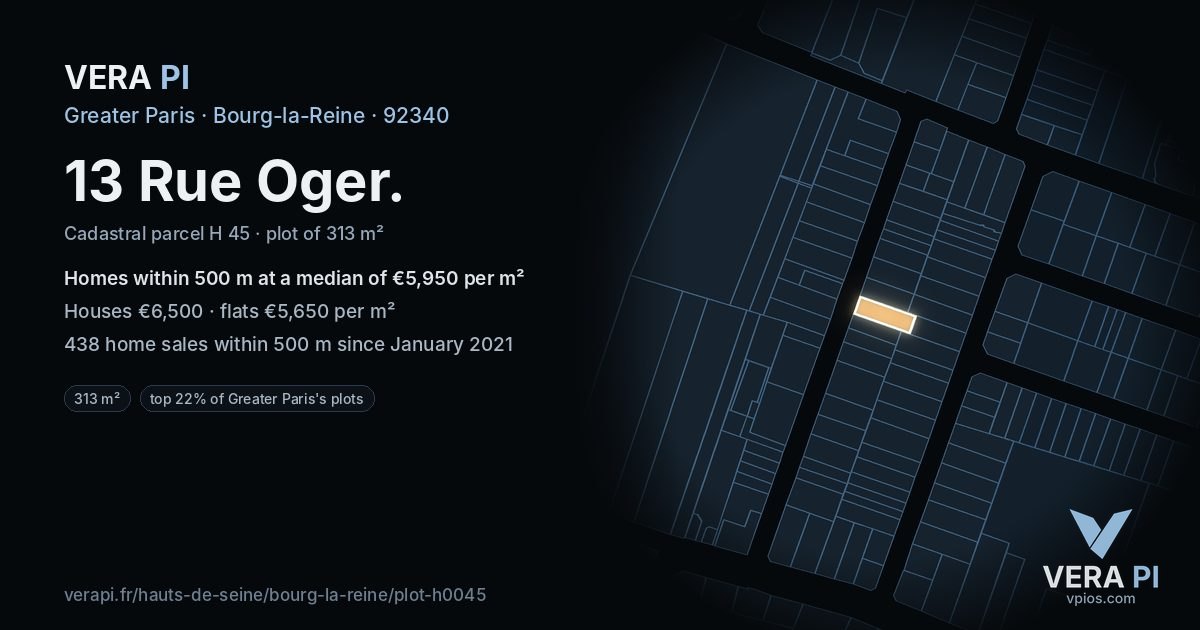13 Rue Oger, Bourg-la-Reine at night – the plot lit, the parcels around coloured by the prices near them