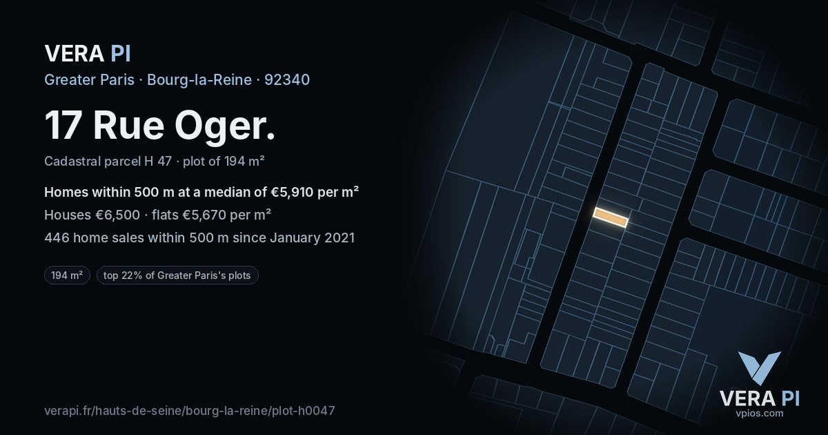 17 Rue Oger, Bourg-la-Reine at night – the plot lit, the parcels around coloured by the prices near them