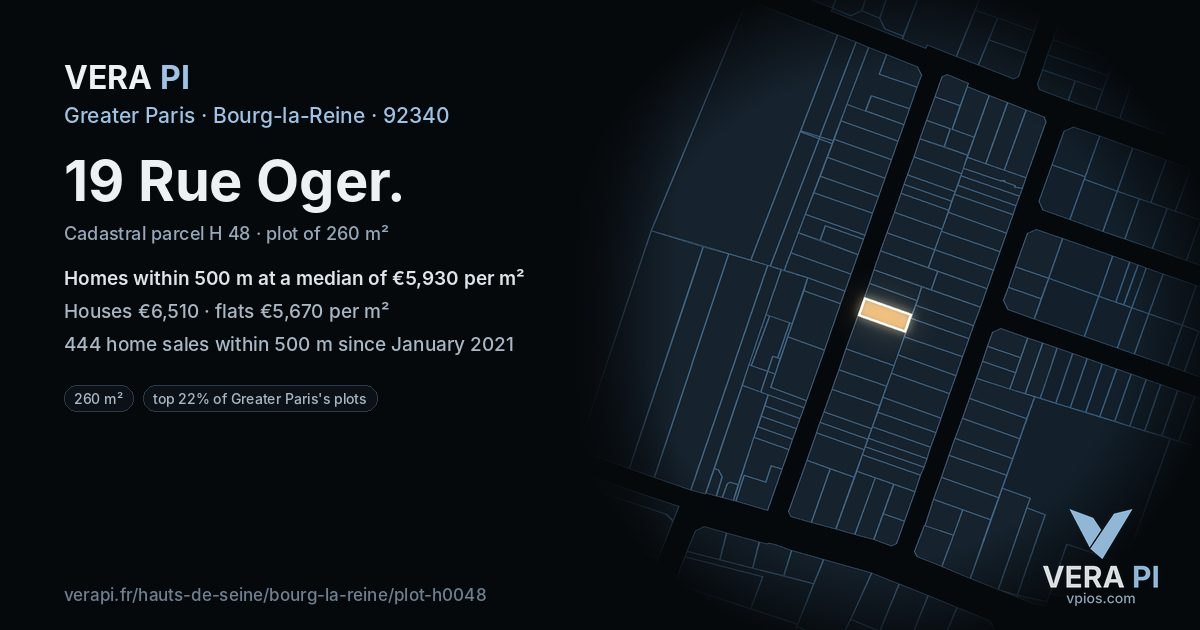 19 Rue Oger, Bourg-la-Reine at night – the plot lit, the parcels around coloured by the prices near them