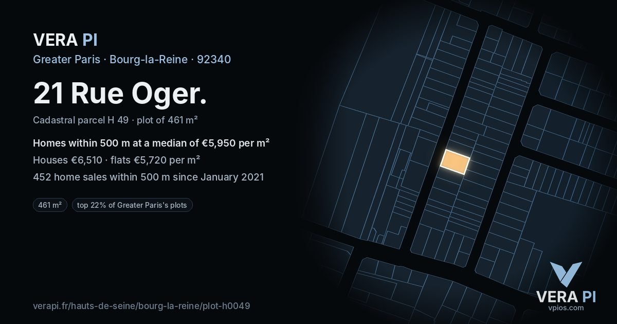 21 Rue Oger, Bourg-la-Reine at night – the plot lit, the parcels around coloured by the prices near them