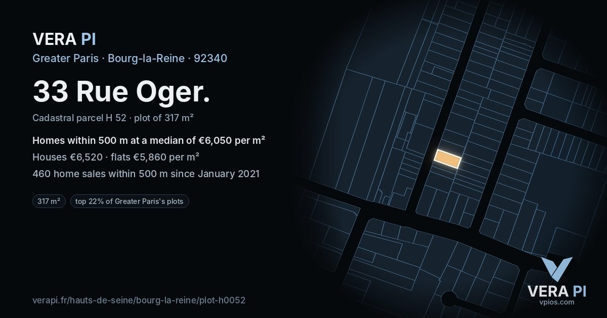 33 Rue Oger, Bourg-la-Reine at night – the plot lit, the parcels around coloured by the prices near them