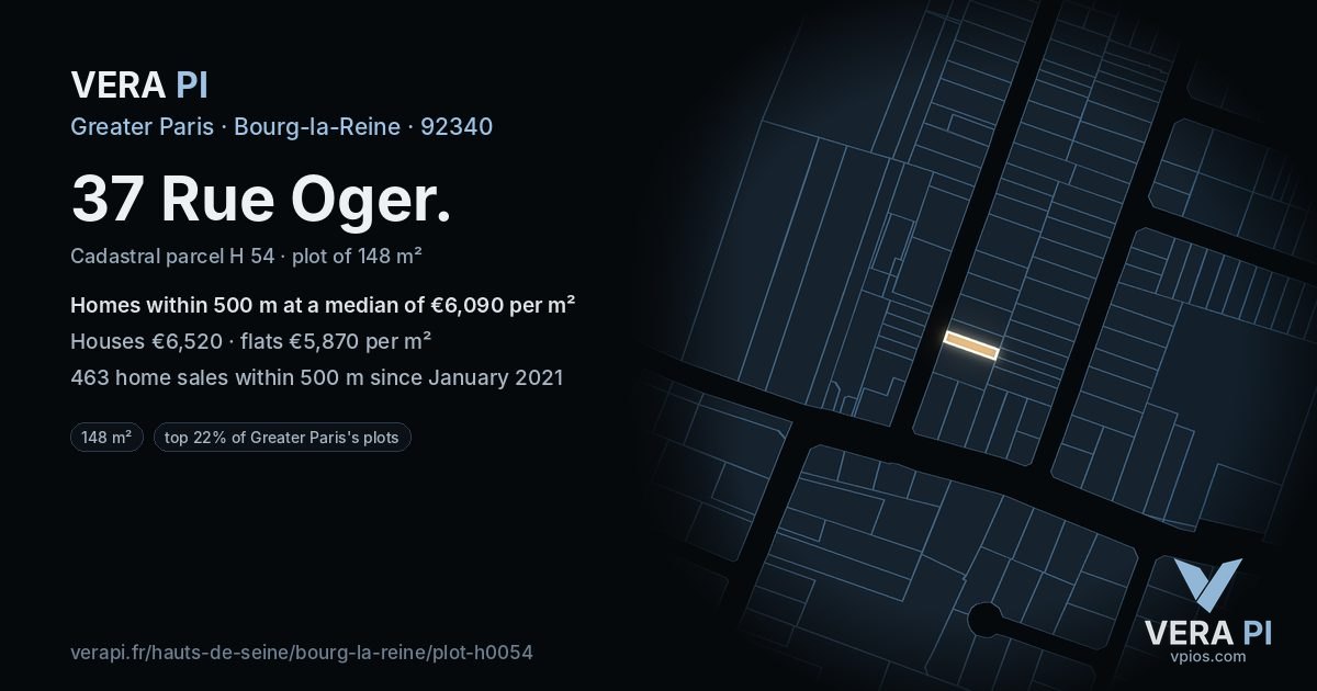 37 Rue Oger, Bourg-la-Reine at night – the plot lit, the parcels around coloured by the prices near them