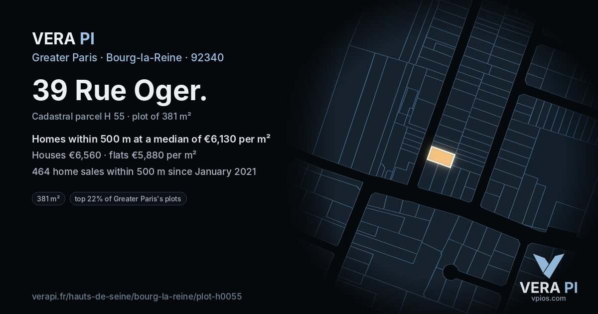 39 Rue Oger, Bourg-la-Reine at night – the plot lit, the parcels around coloured by the prices near them