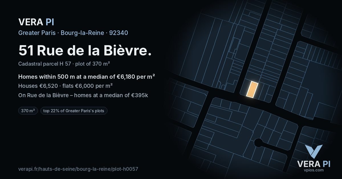 51 Rue de la Bièvre, Bourg-la-Reine at night – the plot lit, the parcels around coloured by the prices near them