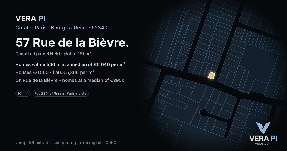 57 Rue de la Bièvre, Bourg-la-Reine at night – the plot lit, the parcels around coloured by the prices near them