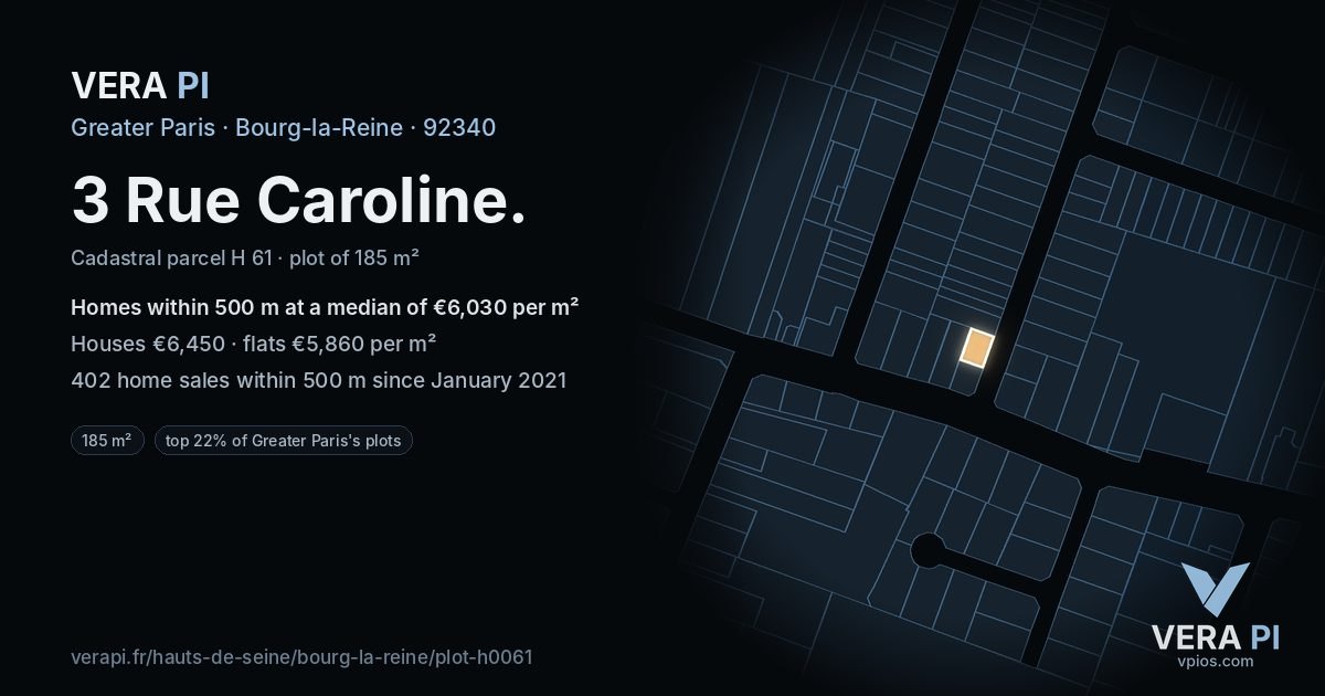 3 Rue Caroline, Bourg-la-Reine at night – the plot lit, the parcels around coloured by the prices near them