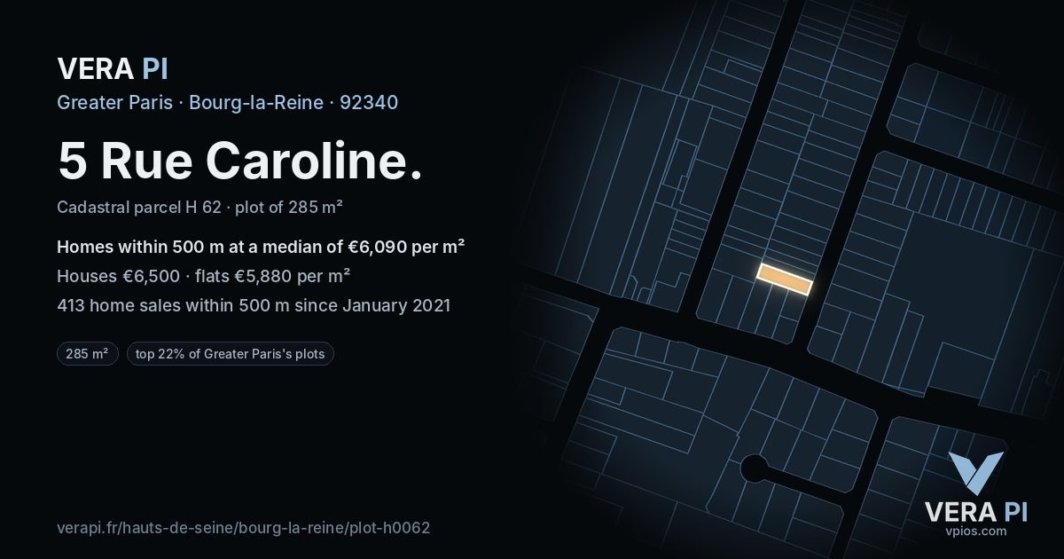 5 Rue Caroline, Bourg-la-Reine at night – the plot lit, the parcels around coloured by the prices near them