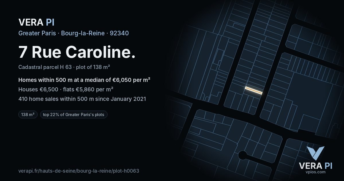 7 Rue Caroline, Bourg-la-Reine at night – the plot lit, the parcels around coloured by the prices near them