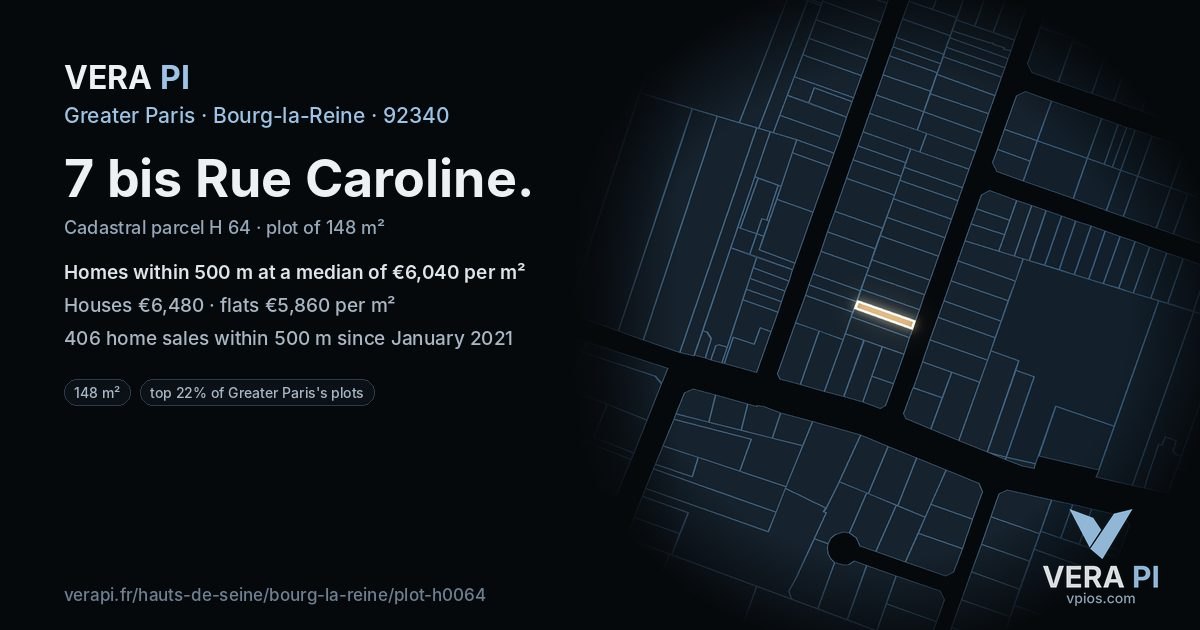 7 bis Rue Caroline, Bourg-la-Reine at night – the plot lit, the parcels around coloured by the prices near them