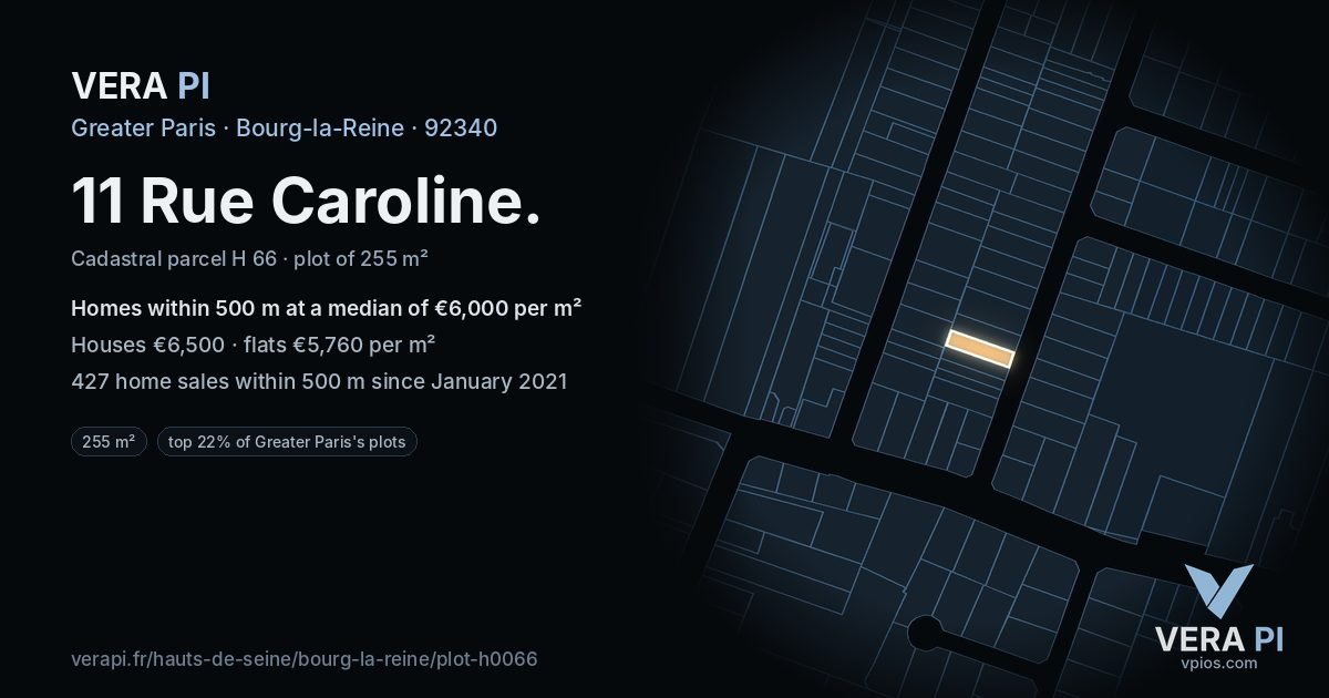 11 Rue Caroline, Bourg-la-Reine at night – the plot lit, the parcels around coloured by the prices near them