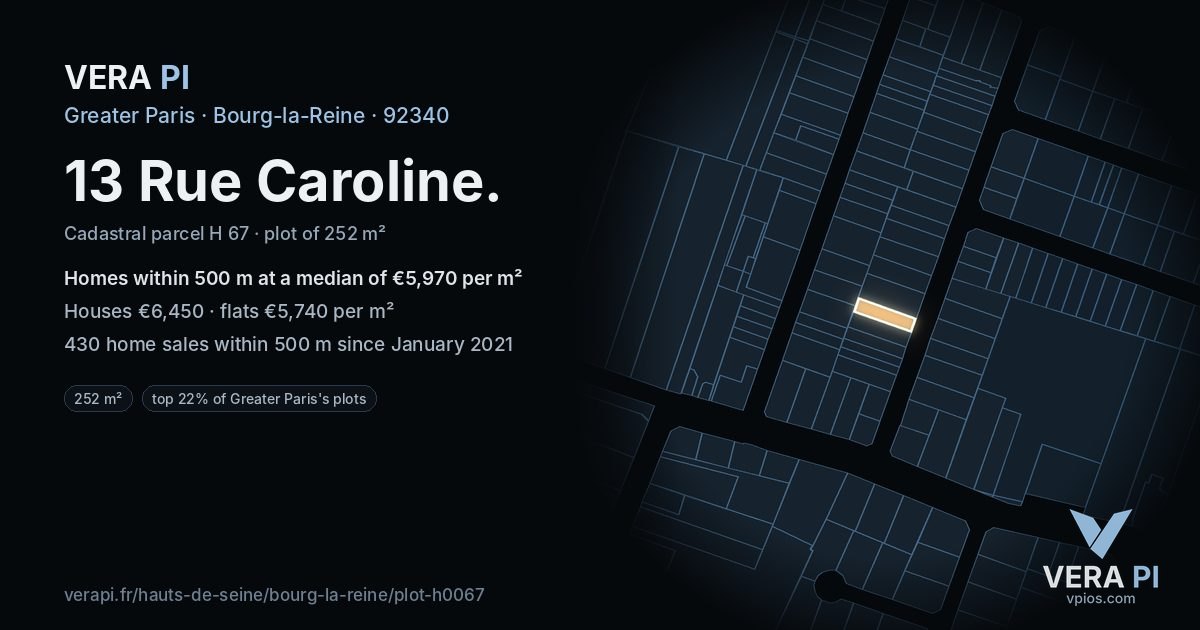 13 Rue Caroline, Bourg-la-Reine at night – the plot lit, the parcels around coloured by the prices near them