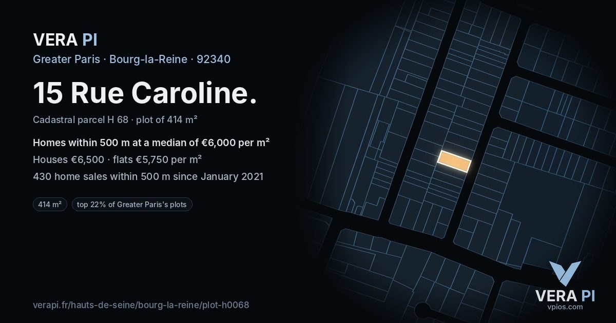 15 Rue Caroline, Bourg-la-Reine at night – the plot lit, the parcels around coloured by the prices near them
