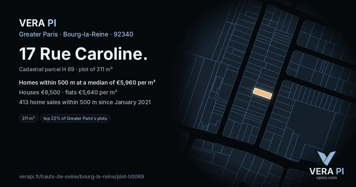17 Rue Caroline, Bourg-la-Reine at night – the plot lit, the parcels around coloured by the prices near them