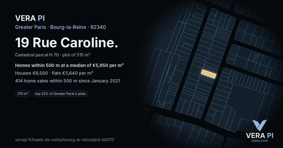 19 Rue Caroline, Bourg-la-Reine at night – the plot lit, the parcels around coloured by the prices near them
