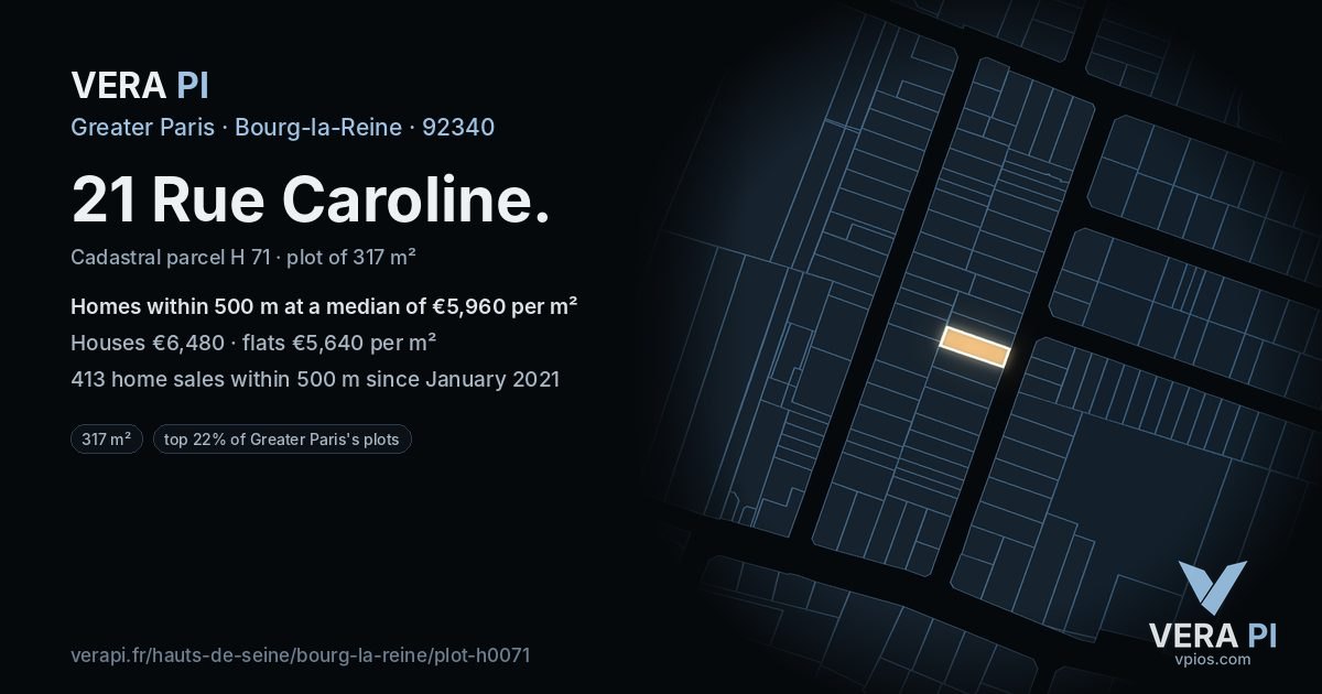 21 Rue Caroline, Bourg-la-Reine at night – the plot lit, the parcels around coloured by the prices near them