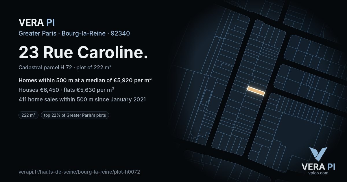 23 Rue Caroline, Bourg-la-Reine at night – the plot lit, the parcels around coloured by the prices near them