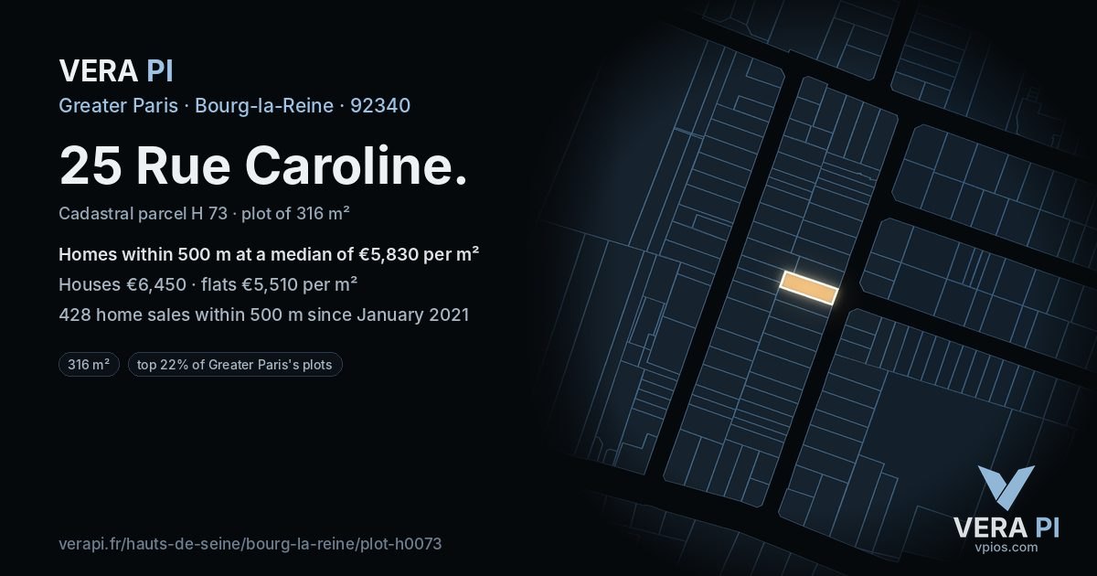 25 Rue Caroline, Bourg-la-Reine at night – the plot lit, the parcels around coloured by the prices near them