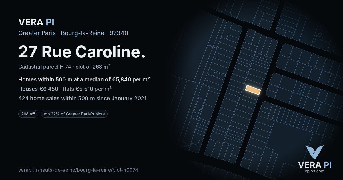 27 Rue Caroline, Bourg-la-Reine at night – the plot lit, the parcels around coloured by the prices near them