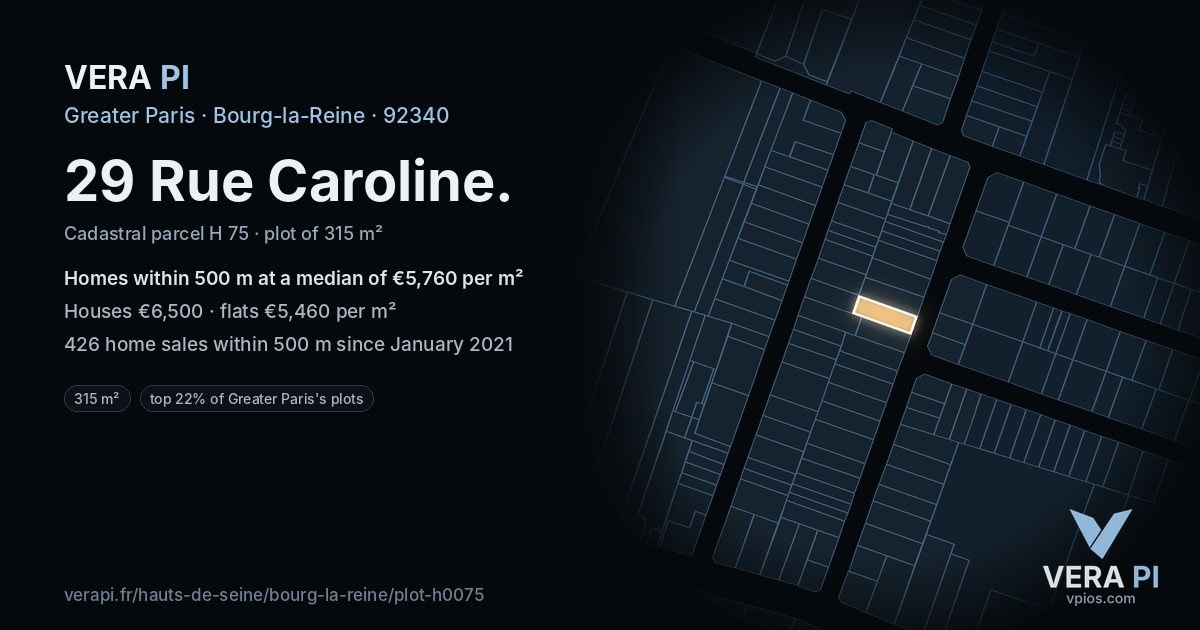 29 Rue Caroline, Bourg-la-Reine at night – the plot lit, the parcels around coloured by the prices near them