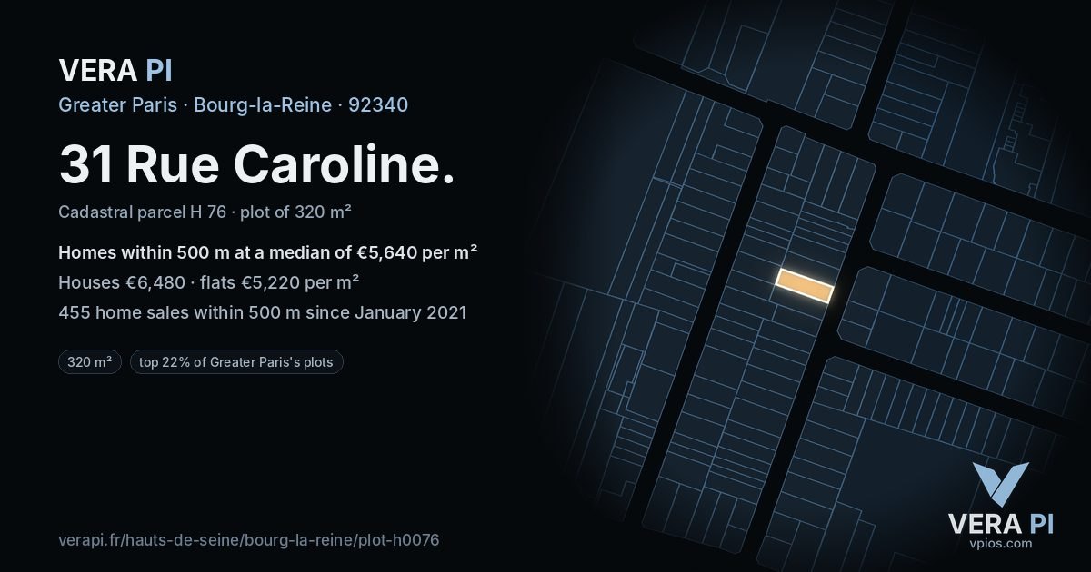 31 Rue Caroline, Bourg-la-Reine at night – the plot lit, the parcels around coloured by the prices near them