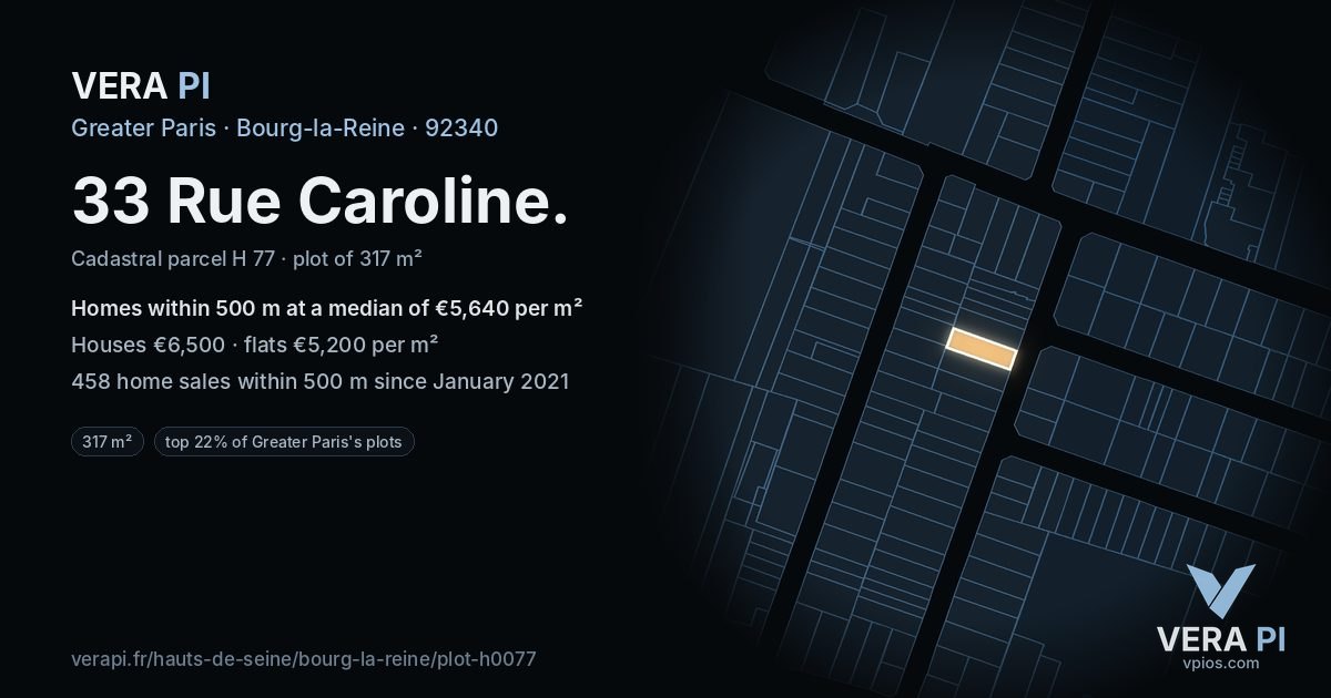 33 Rue Caroline, Bourg-la-Reine at night – the plot lit, the parcels around coloured by the prices near them