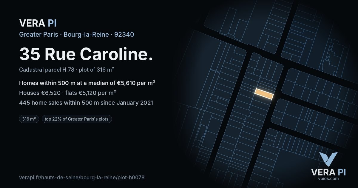 35 Rue Caroline, Bourg-la-Reine at night – the plot lit, the parcels around coloured by the prices near them