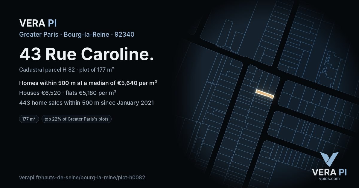 43 Rue Caroline, Bourg-la-Reine at night – the plot lit, the parcels around coloured by the prices near them