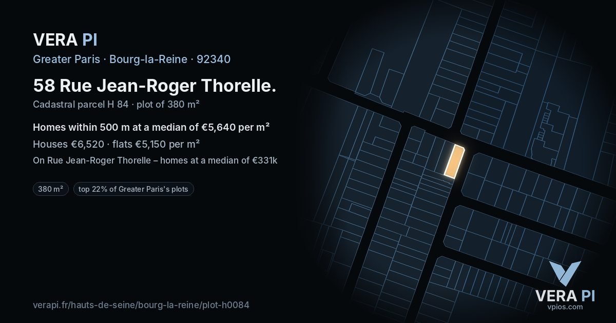 58 Rue Jean-Roger Thorelle, Bourg-la-Reine at night – the plot lit, the parcels around coloured by the prices near them