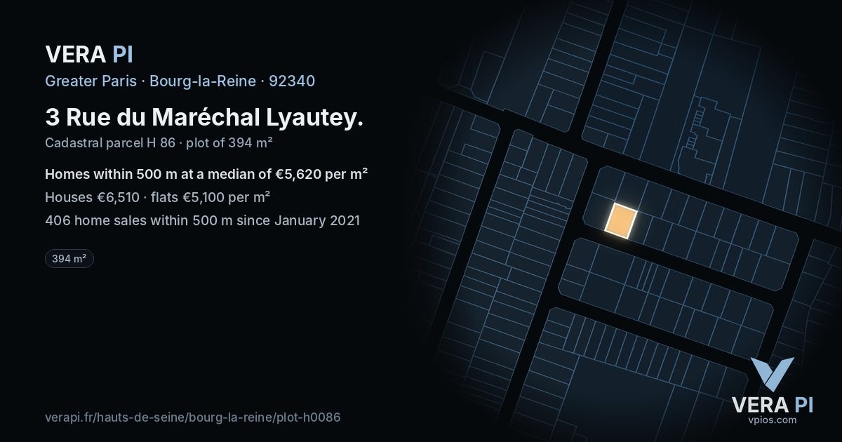 3 Rue du Maréchal Lyautey, Bourg-la-Reine at night – the plot lit, the parcels around coloured by the prices near them