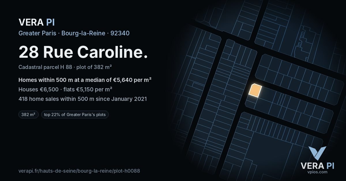 28 Rue Caroline, Bourg-la-Reine at night – the plot lit, the parcels around coloured by the prices near them