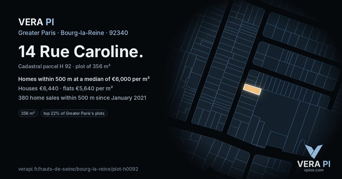 14 Rue Caroline, Bourg-la-Reine at night – the plot lit, the parcels around coloured by the prices near them