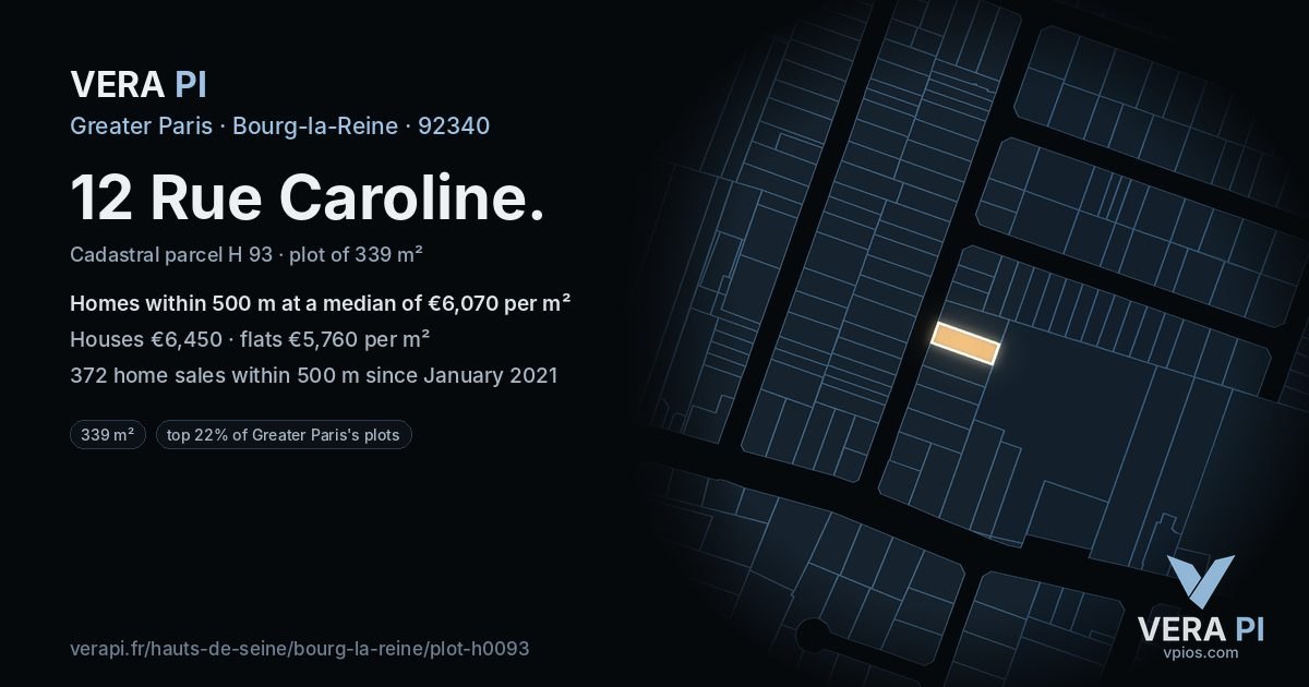 12 Rue Caroline, Bourg-la-Reine at night – the plot lit, the parcels around coloured by the prices near them