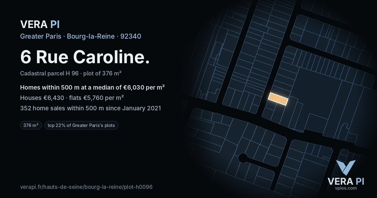 6 Rue Caroline, Bourg-la-Reine at night – the plot lit, the parcels around coloured by the prices near them