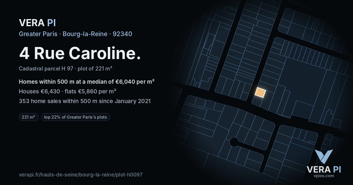 4 Rue Caroline, Bourg-la-Reine at night – the plot lit, the parcels around coloured by the prices near them