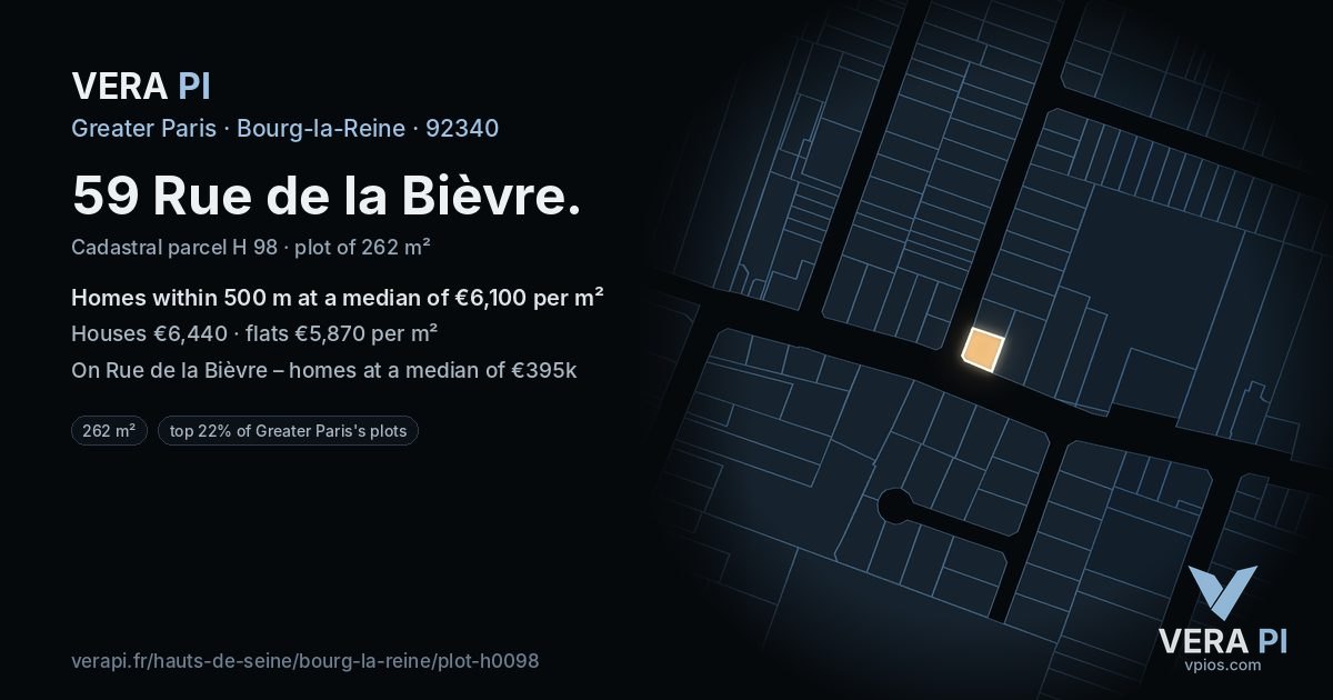 59 Rue de la Bièvre, Bourg-la-Reine at night – the plot lit, the parcels around coloured by the prices near them