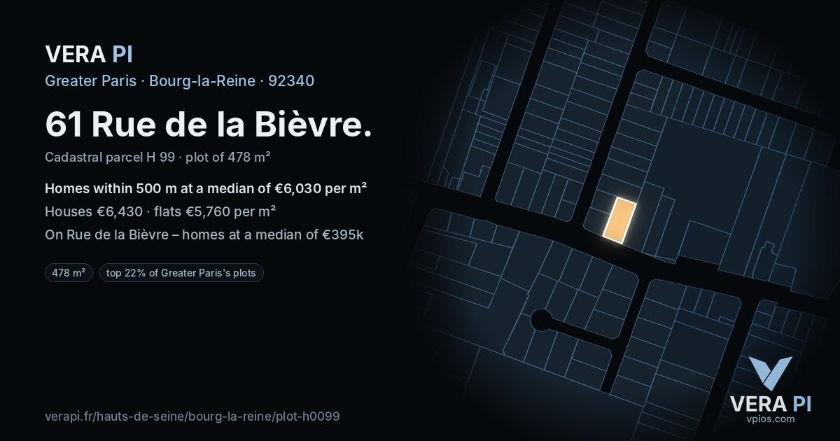 61 Rue de la Bièvre, Bourg-la-Reine at night – the plot lit, the parcels around coloured by the prices near them