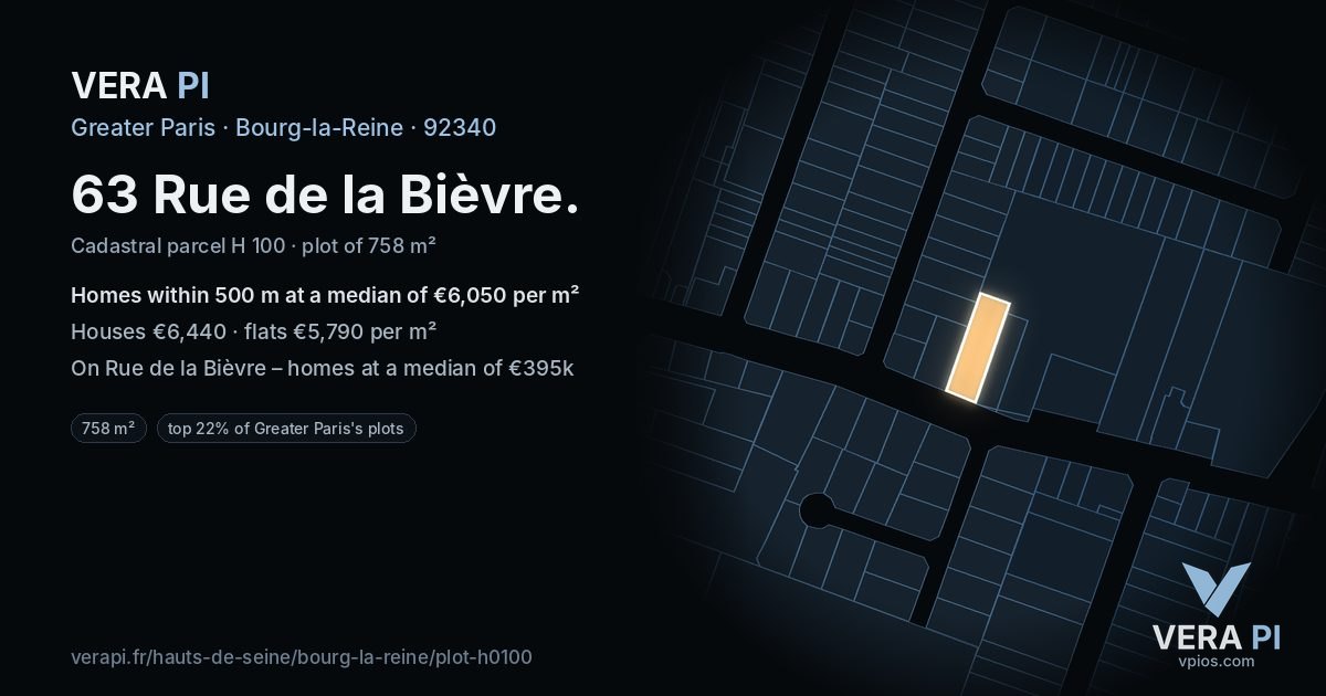 63 Rue de la Bièvre, Bourg-la-Reine at night – the plot lit, the parcels around coloured by the prices near them