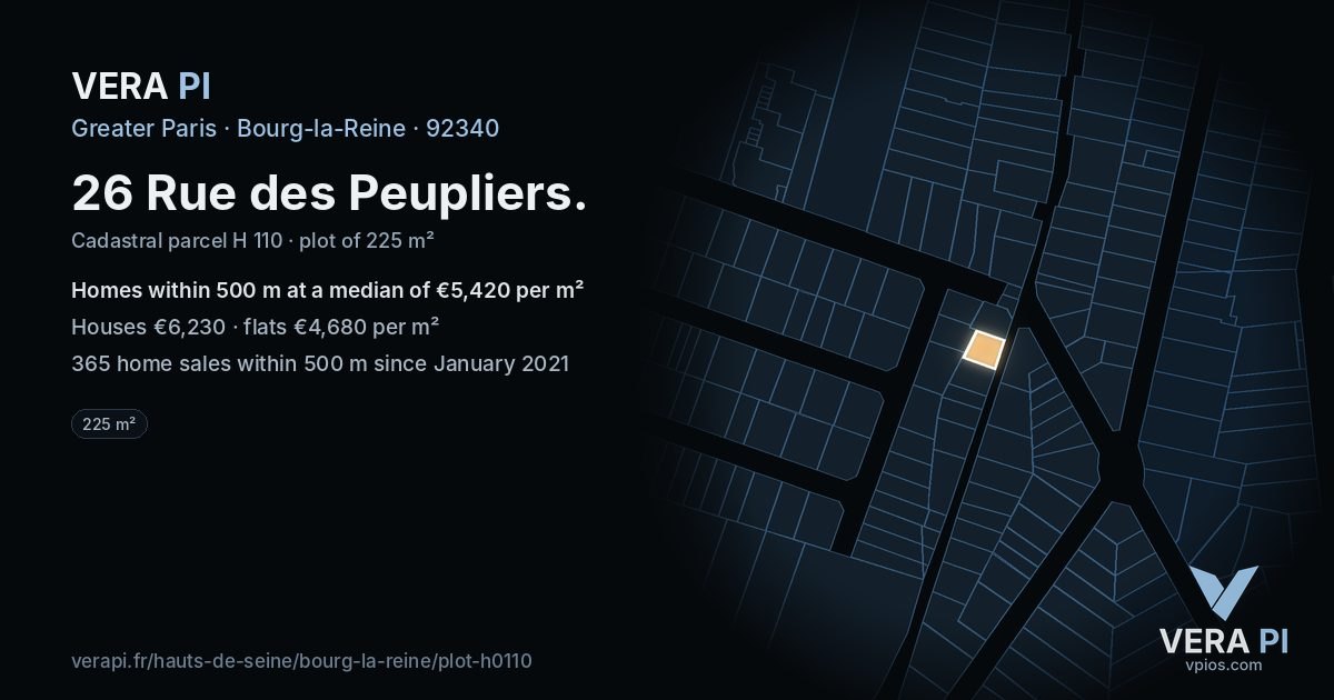 26 Rue des Peupliers, Bourg-la-Reine at night – the plot lit, the parcels around coloured by the prices near them