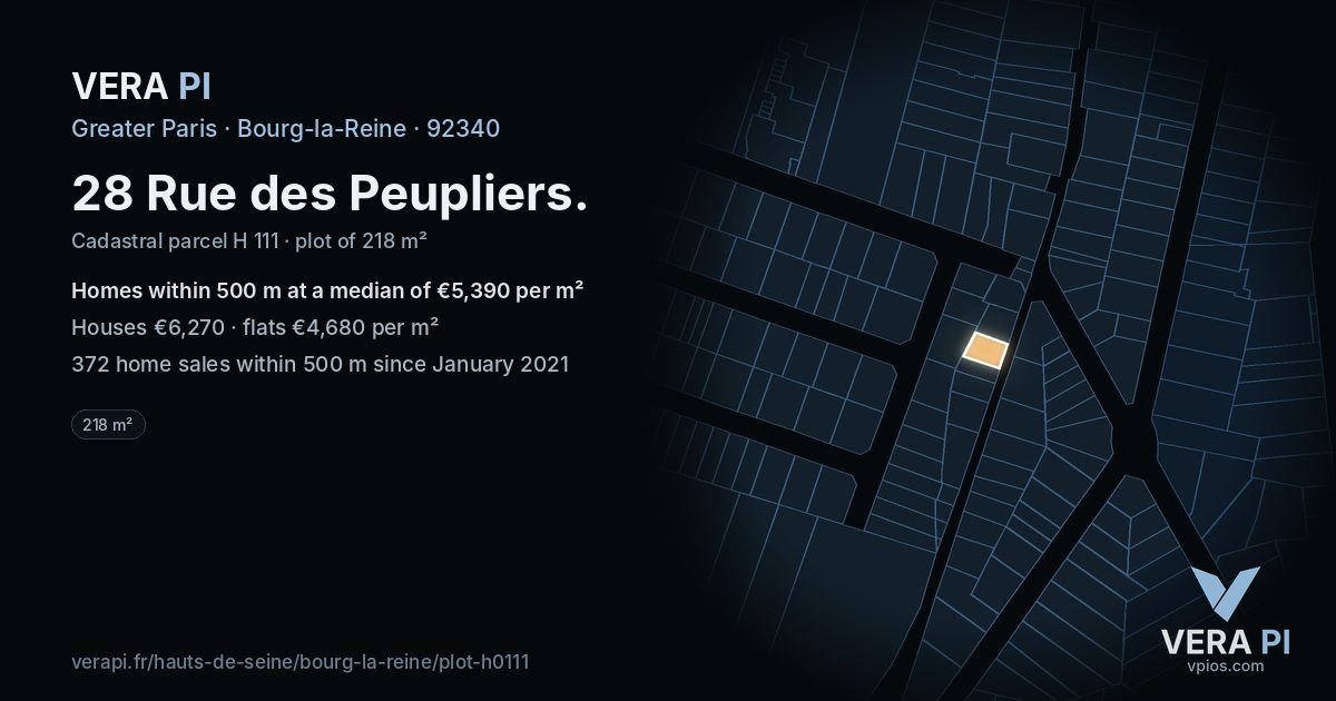 28 Rue des Peupliers, Bourg-la-Reine at night – the plot lit, the parcels around coloured by the prices near them