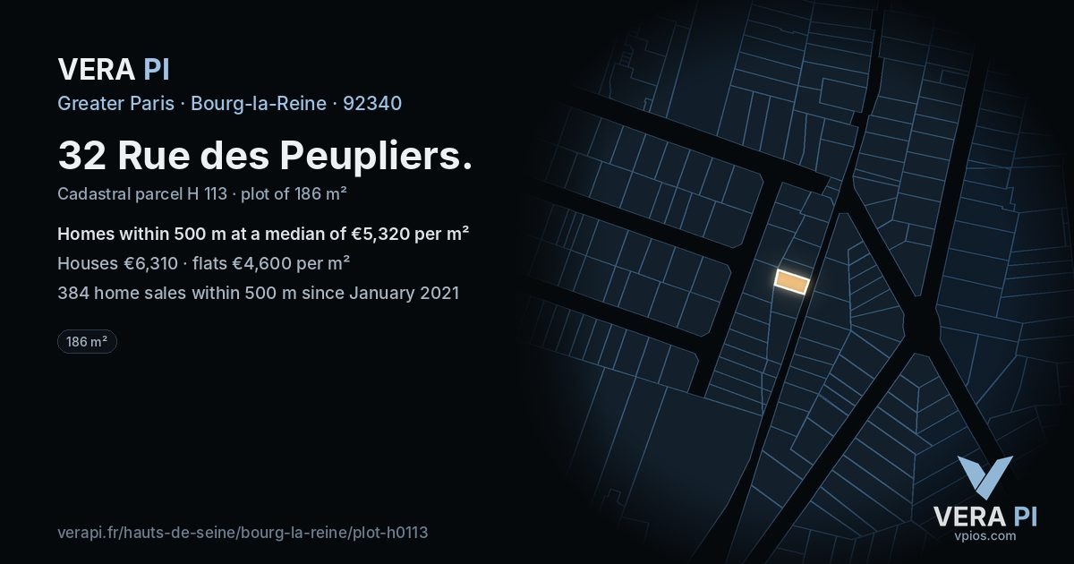 32 Rue des Peupliers, Bourg-la-Reine at night – the plot lit, the parcels around coloured by the prices near them