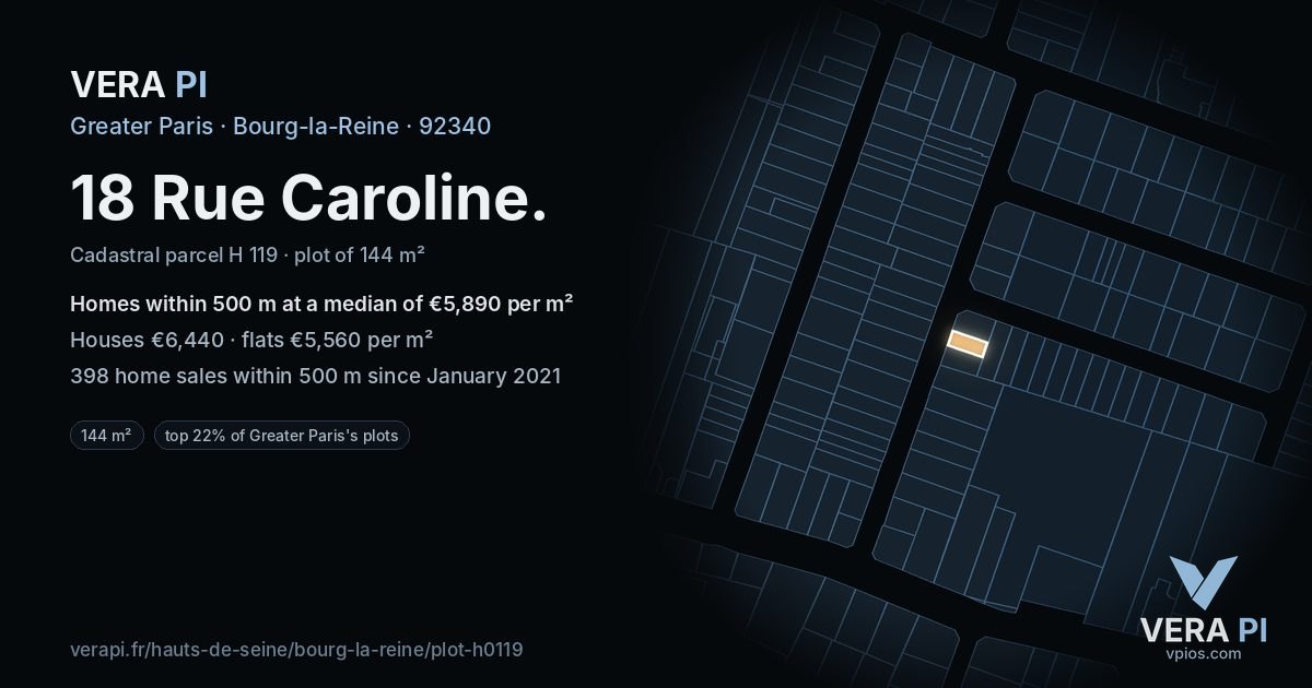 18 Rue Caroline, Bourg-la-Reine at night – the plot lit, the parcels around coloured by the prices near them