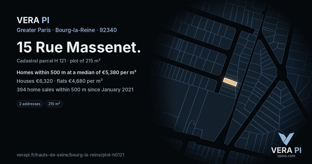 15 Rue Massenet, Bourg-la-Reine at night – the plot lit, the parcels around coloured by the prices near them