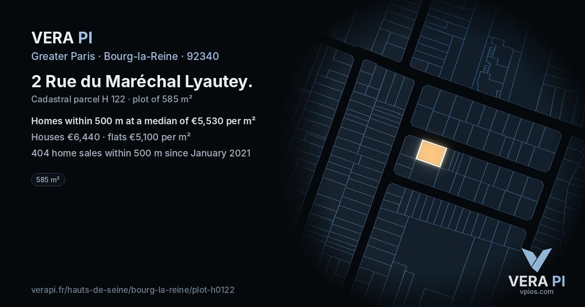 2 Rue du Maréchal Lyautey, Bourg-la-Reine at night – the plot lit, the parcels around coloured by the prices near them