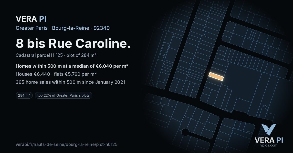8 bis Rue Caroline, Bourg-la-Reine at night – the plot lit, the parcels around coloured by the prices near them