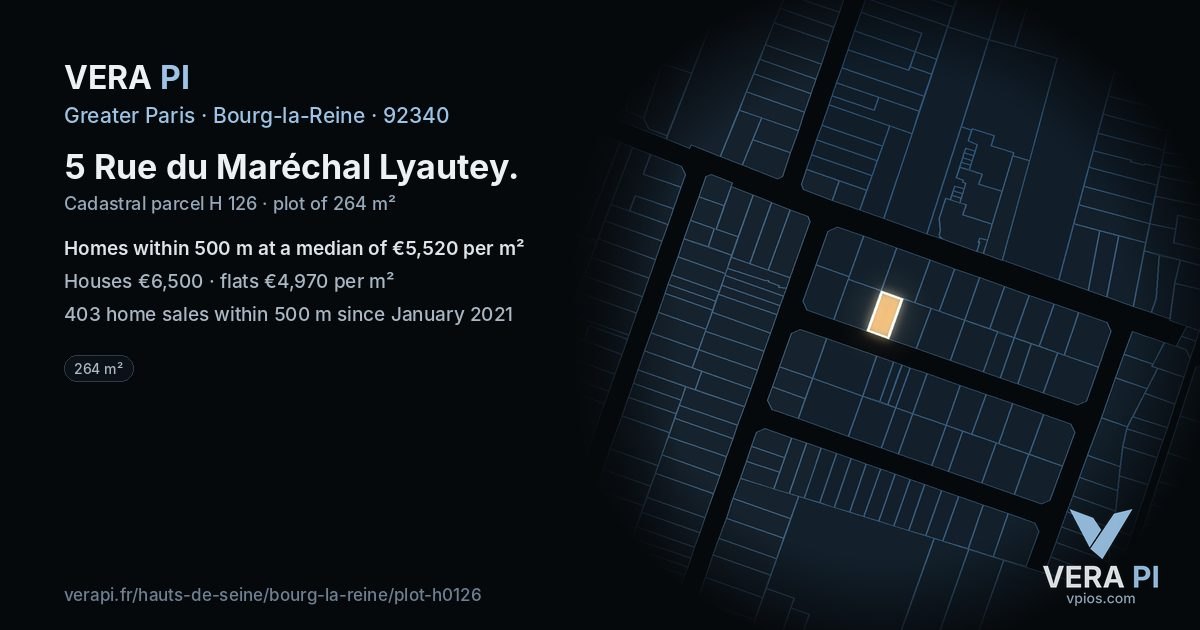 5 Rue du Maréchal Lyautey, Bourg-la-Reine at night – the plot lit, the parcels around coloured by the prices near them